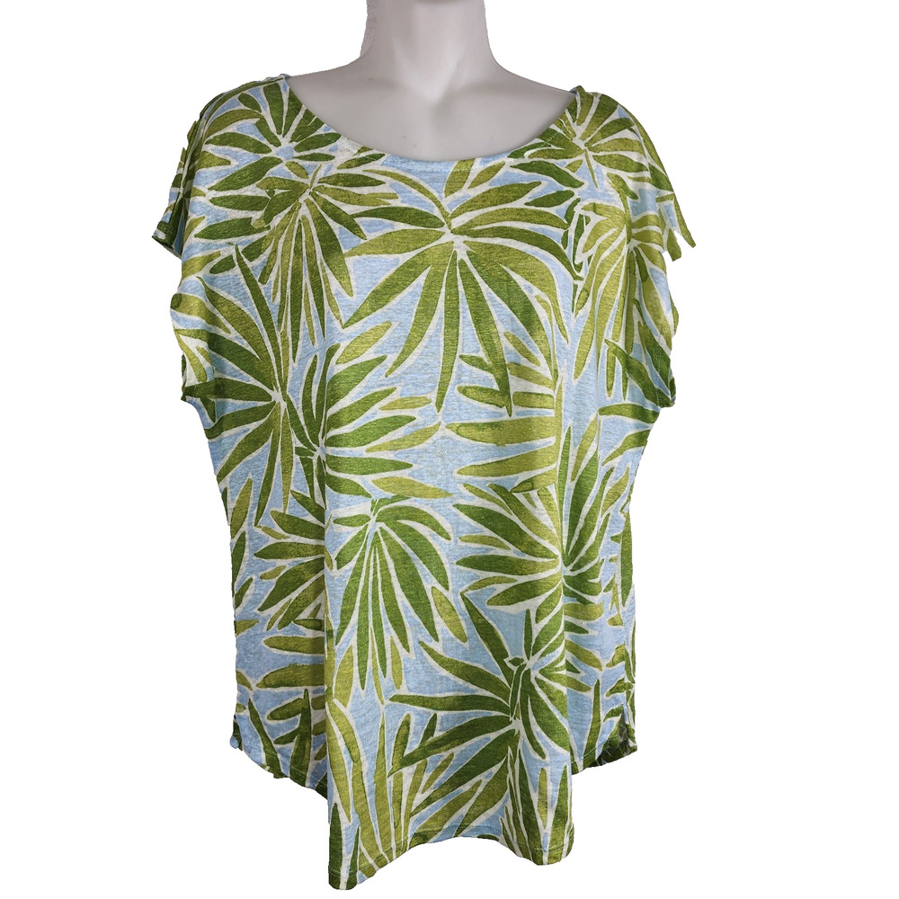 Sigrid Olsen Womens Top XL Green Blue Botanical Tropical Palm 100% Linen Coastal